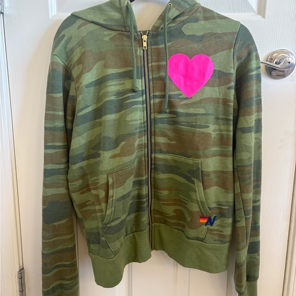 Aviator Nation Camouflage Hoodie with Neon Pink Heart
